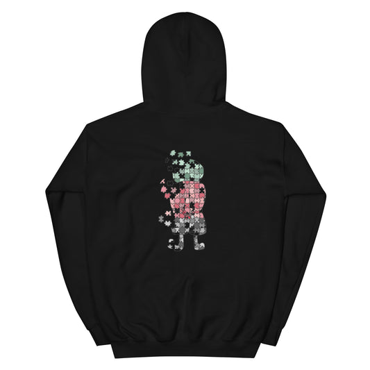 Handala puzzle graphic hoodie honoring the iconic Palestinian character